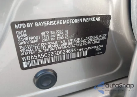 2016 BMW 528I из США, поврежденный, VIN WBA5A5C52GD528694